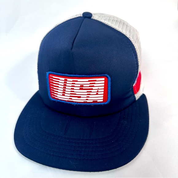 Blue with White Mesh & Side Stripes USA Patch Snapback Hat Cap - Picture 1 of 13